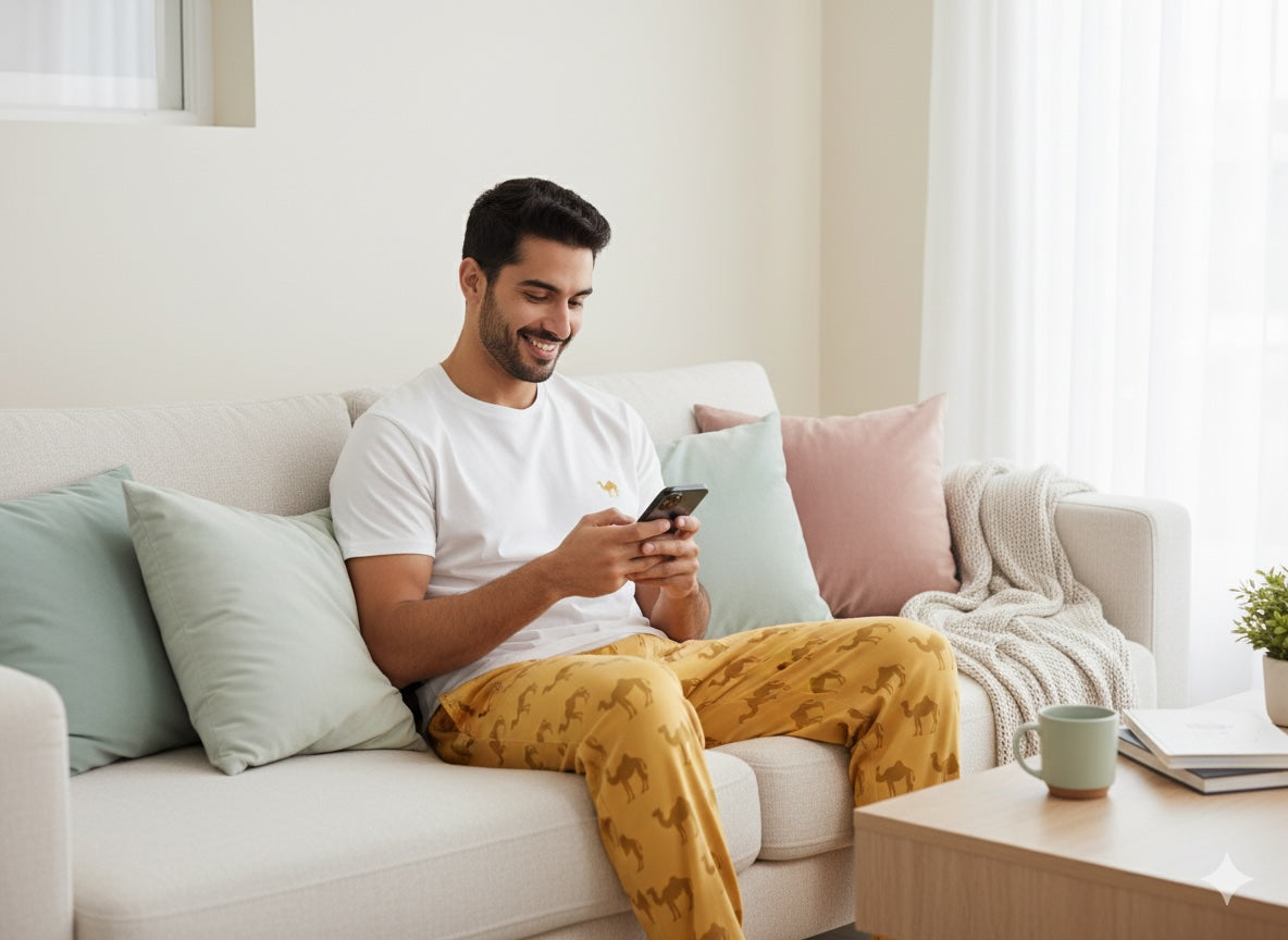 Man sitting on a couch using a smartphone in a bright living room.
