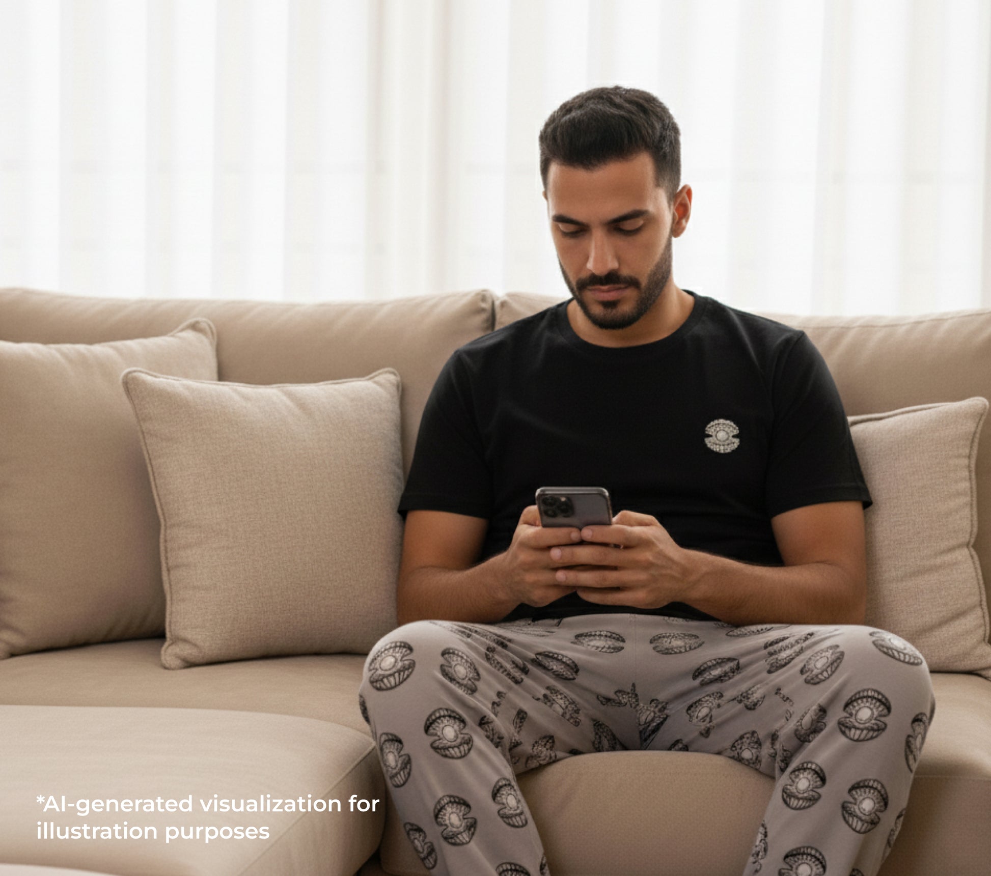 Man sitting on a couch using a smartphone with a neutral background
