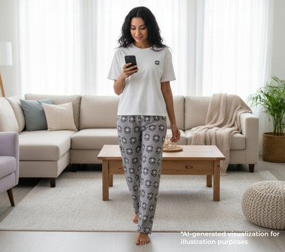 Woman in a living room wearing a white t-shirt and patterned pants, holding a phone.