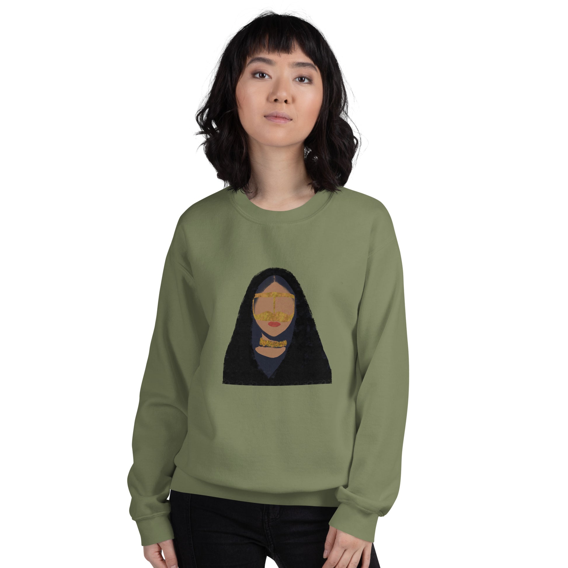 Person wearing a green sweatshirt with a graphic design on a white background
