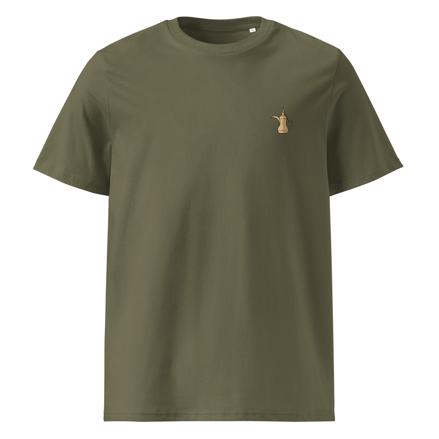 Green t-shirt a small dallah print on a white background
