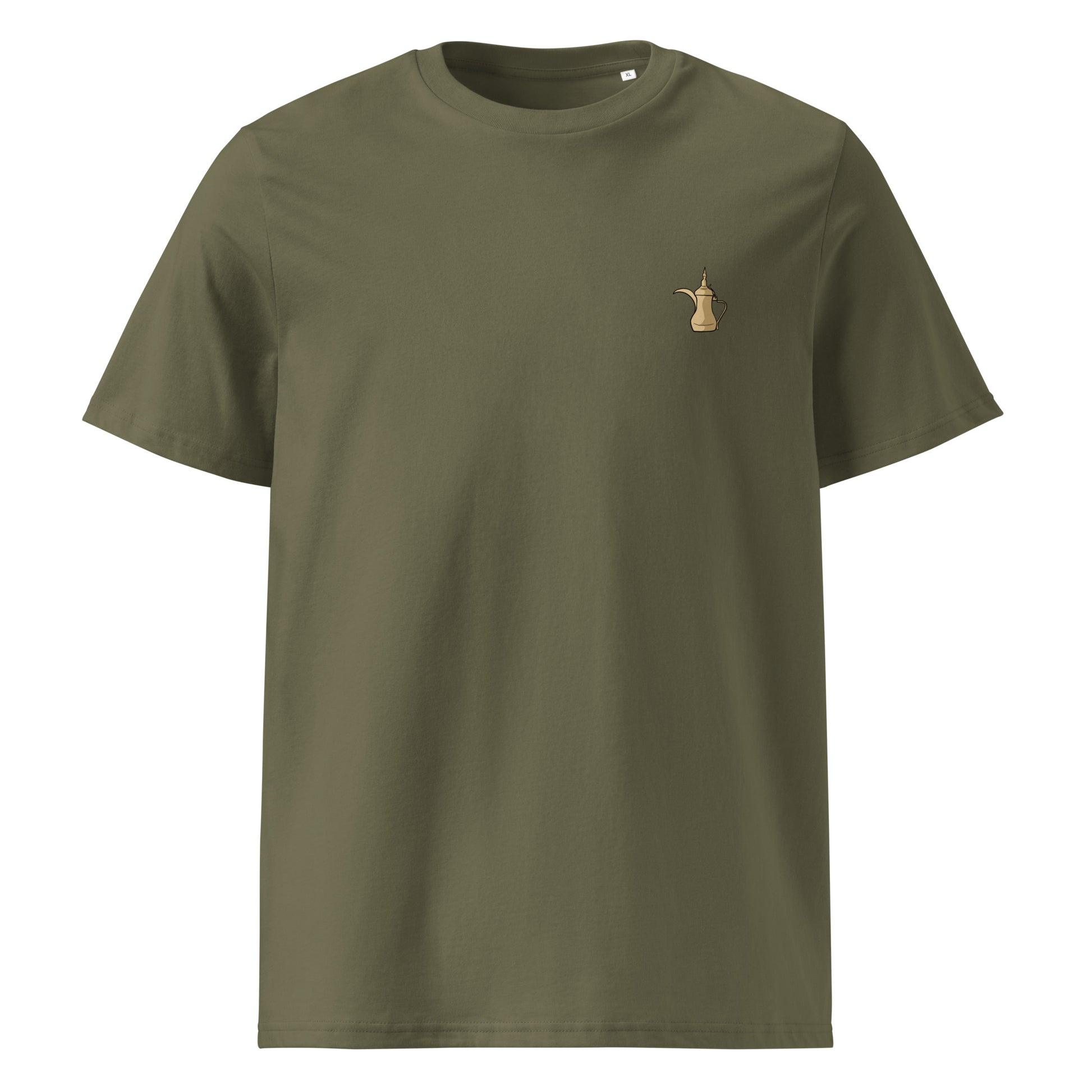 Green t-shirt a small dallah print on a white background