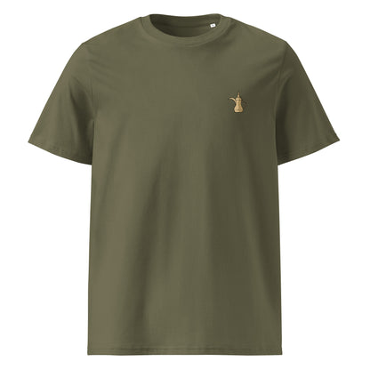 Green t-shirt a small dallah print on a white background