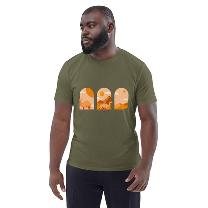 A man wearing an khaki green crewneck t-shirt with a graphic print of three desert landscape arches in orange and beige, set against a plain white background.
