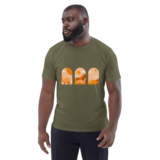 A man wearing an khaki green crewneck t-shirt with a graphic print of three desert landscape arches in orange and beige, set against a plain white background.