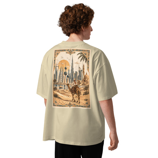 An oversized t-shirt with back design of an arab man on a camel in the desert overlooking the prominent buildings in the GCC.
